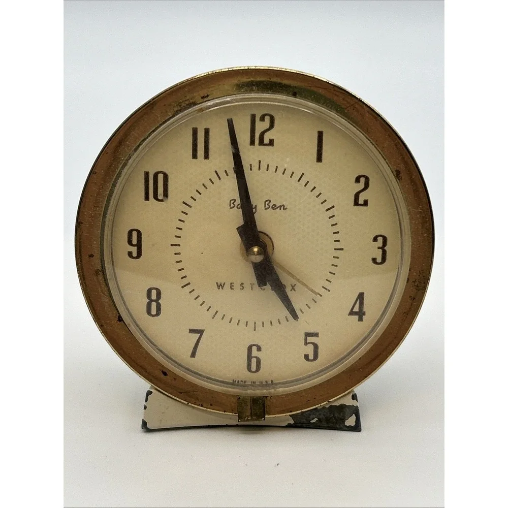 Vtg Westclox Baby Ben Alarm Clock 61-Y Cream Metal Brass Trim MCM Works